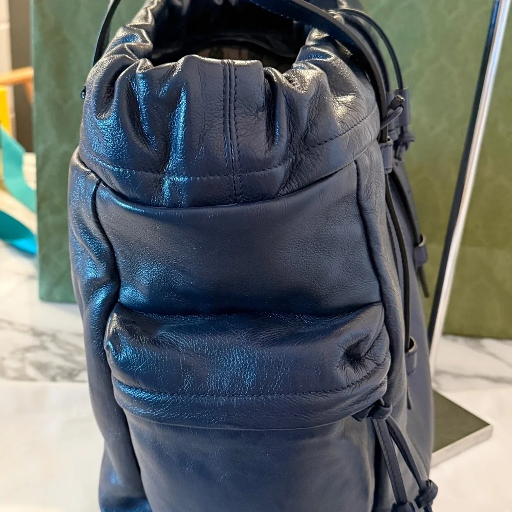 Gucci Blue Leather Drawstring Tote Bag With Tonal Double G Logo NWT